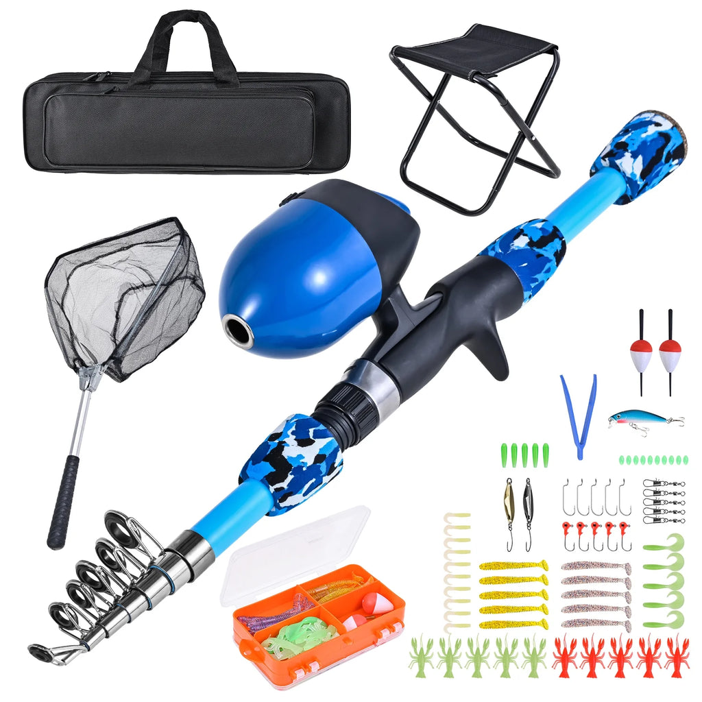 Fishing Rod and Reel Combo with Collapsible Stool, Landing Net, Telescopic Pole, and Tackle Box G452012