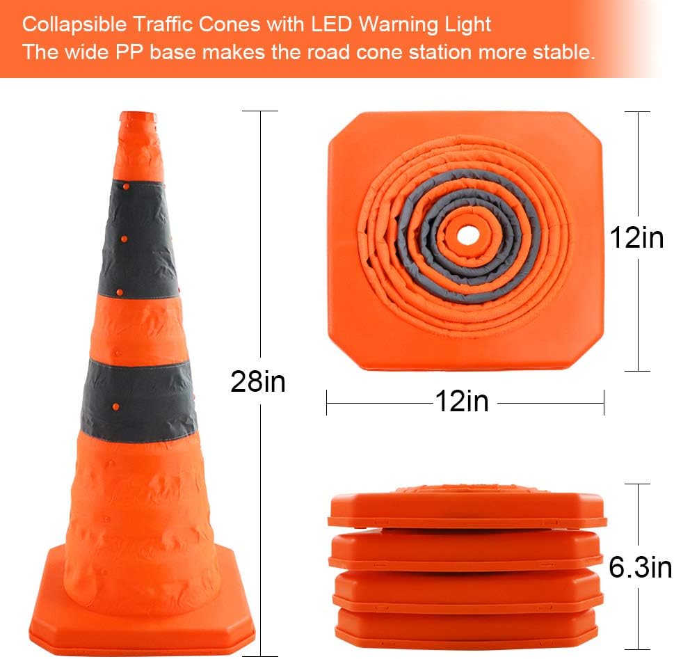 4 Pack Orange Collapsible Traffic Cones with LED Light H86917