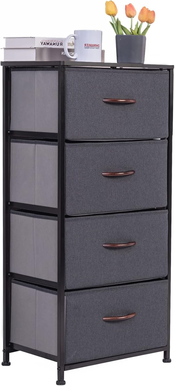Vertical Dresser Storage Tower, Steel Frame, Wood Top, Fabric Bins, 4 Drawers, Brown Z789