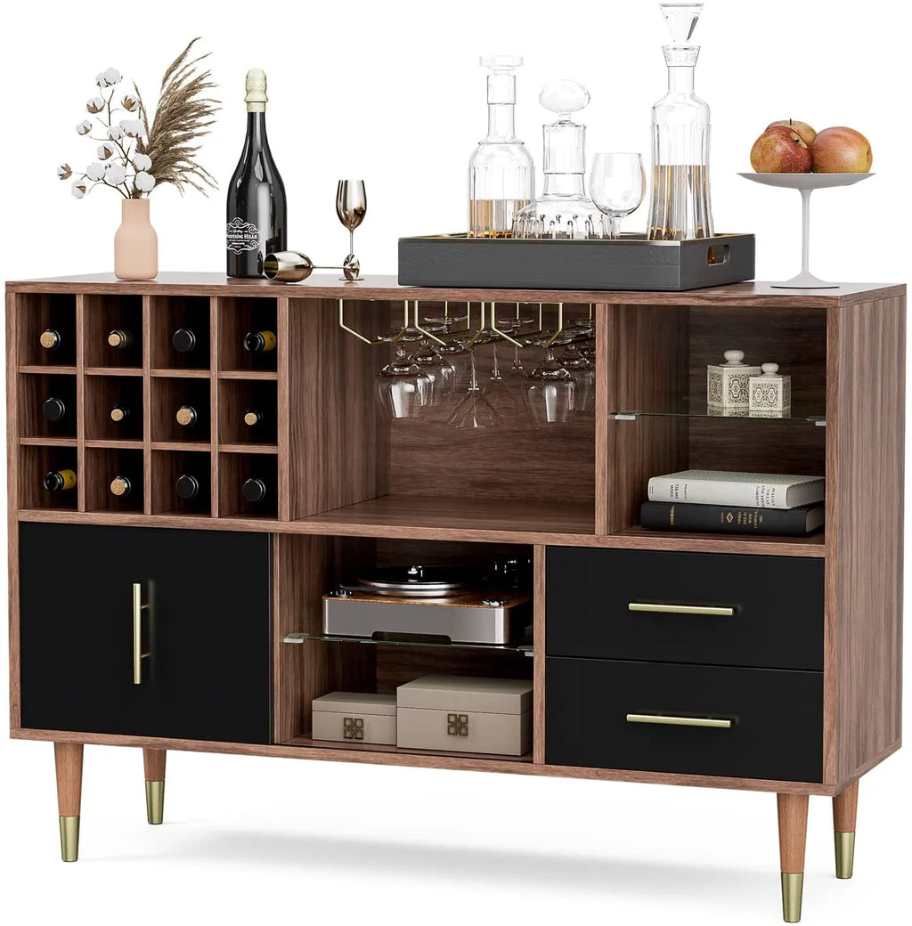 47 Inch Walnut Black Kitchen Sideboard Buffet Storage Cabinet with Wine Rack H56865