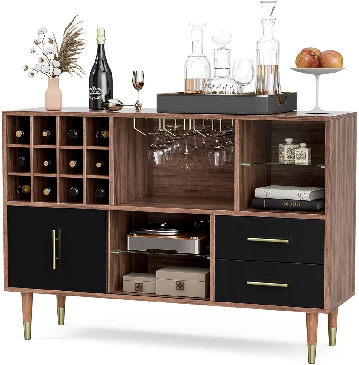 47 Inch Walnut Black Kitchen Sideboard Buffet Storage Cabinet with Wine Rack H56865