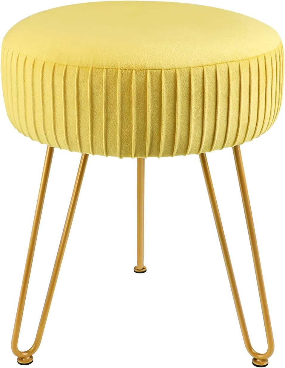 Yellow Velvet Round Vanity Chair with Golden Metal Legs O953