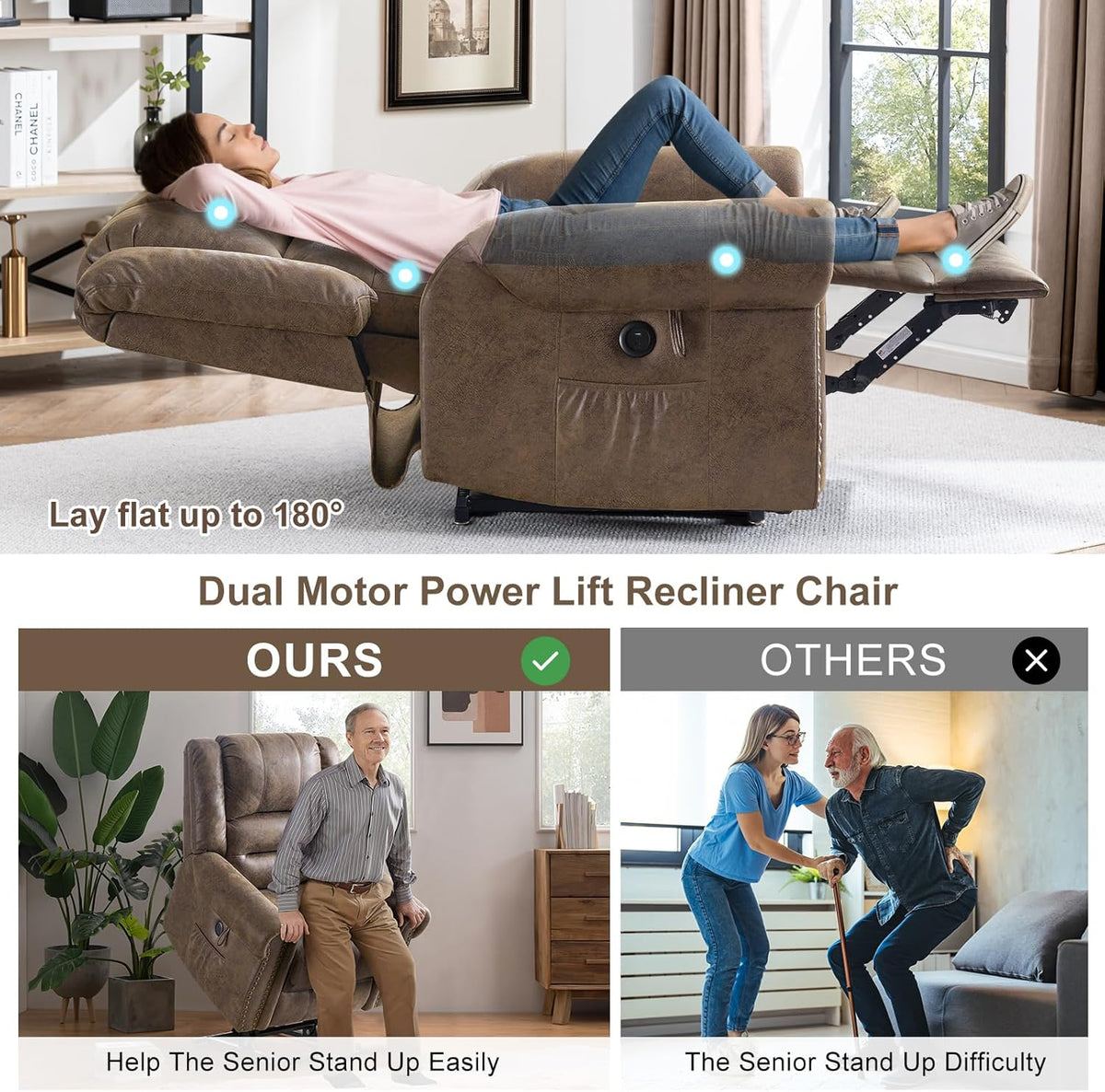 Light Brown Power Lift Recliner Chair with Massage and Heat X1251
