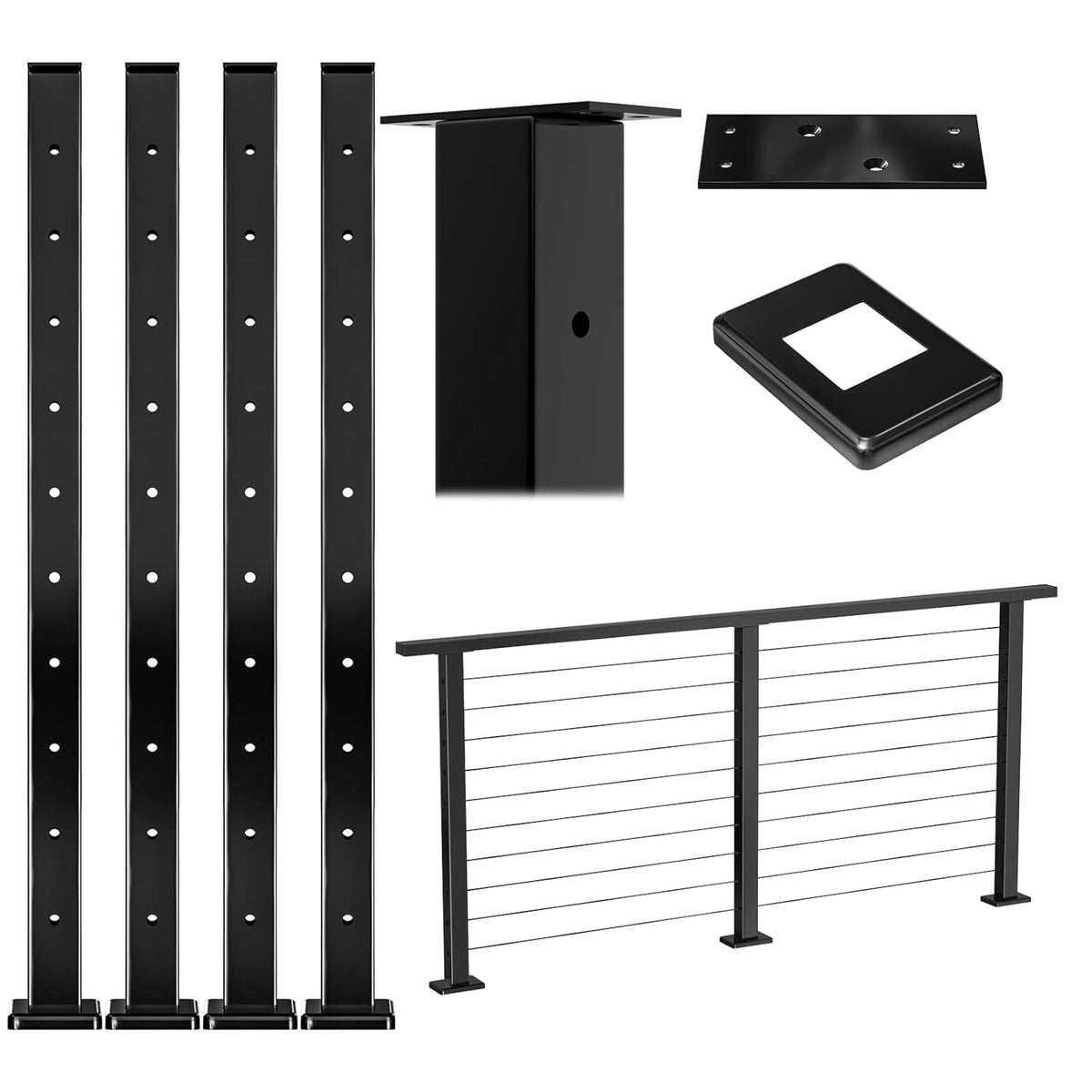 4Pack 36''x2''x2'' Black Square Weldless Stainless Steel Pre-Drilled Cable Railing Post P187401