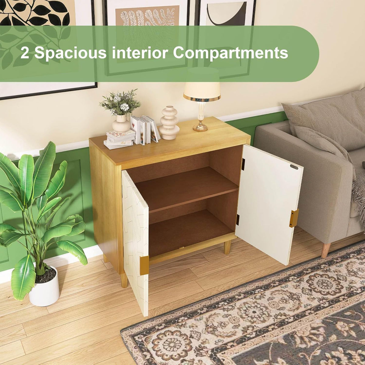 Hand-Carved Sideboard Buffet Cabinet with Solid Pine Legs, Caramel Oak I413