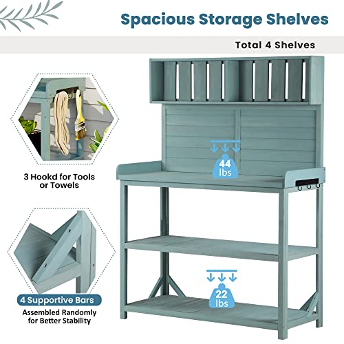 Green 65" Wooden Potting Bench with 4 Storage Shelves T106771