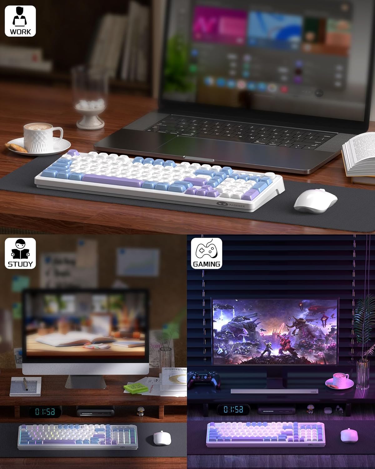 Wireless Gaming Keyboard and Mouse Combo RGB Backlit Rechargeable Mechanical Feel Keyboard 2.4GHz Quiet Blue White Purple Keyboard Mouse Y2488