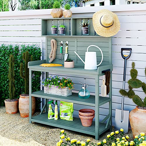 Green 65" Wooden Potting Bench with 4 Storage Shelves T106771