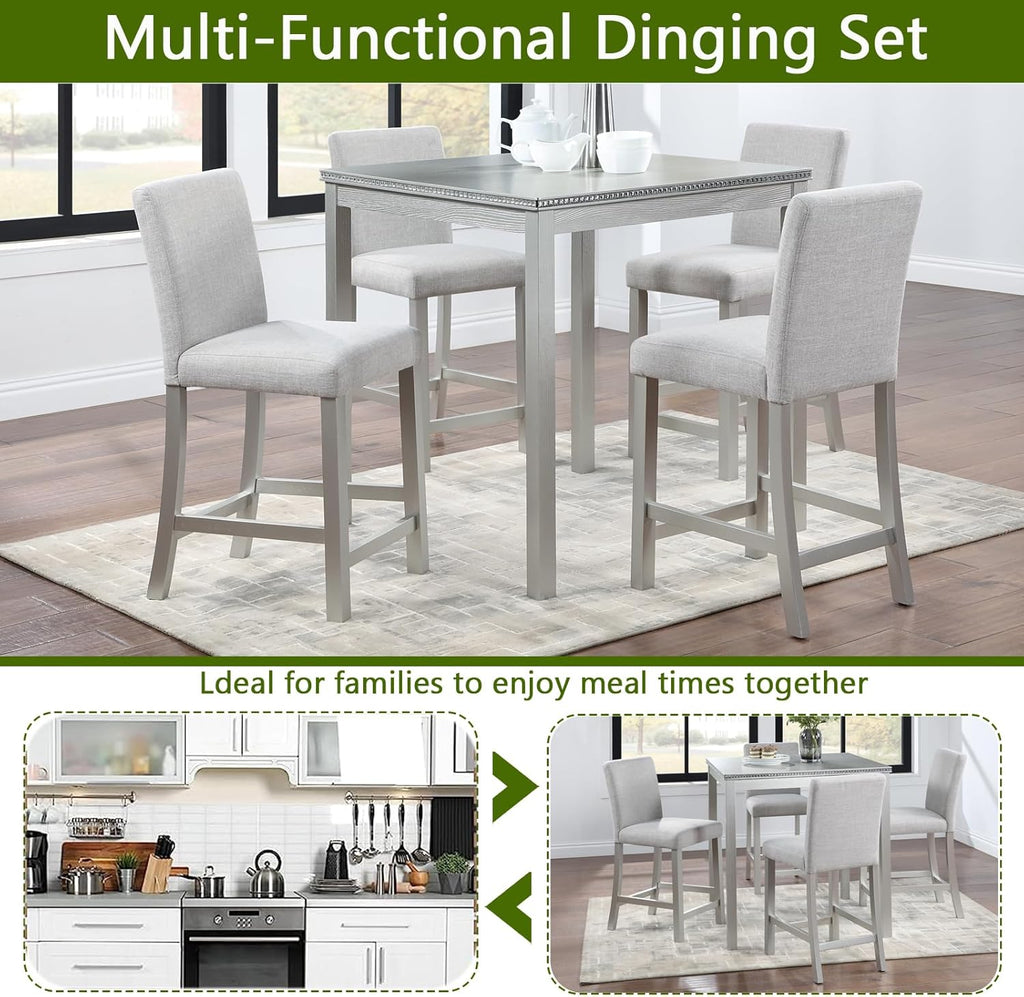 5-Piece Acacia Wood Counter Height Dining Table Set with 4 Upholstered-Seat Chairs L989130