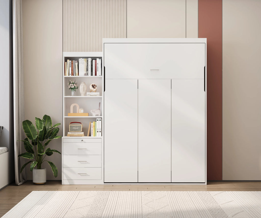 White Full Size Vertical Murphy Bed with Shelf and Drawers H53220