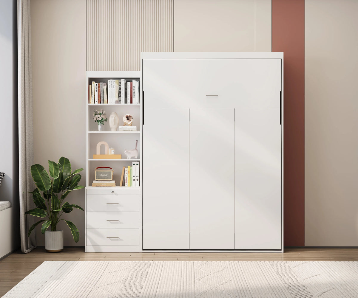 White Full Size Vertical Murphy Bed with Shelf and Drawers H53220