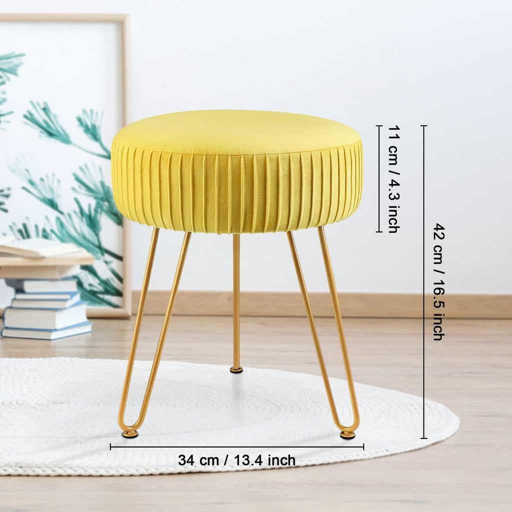 Yellow Velvet Round Vanity Chair with Golden Metal Legs O953
