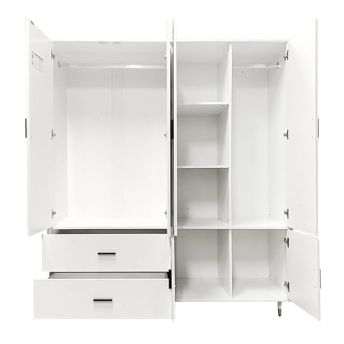 White 4 Door 2 Drawer Wood Armoire Wardrobe with Mirror F906