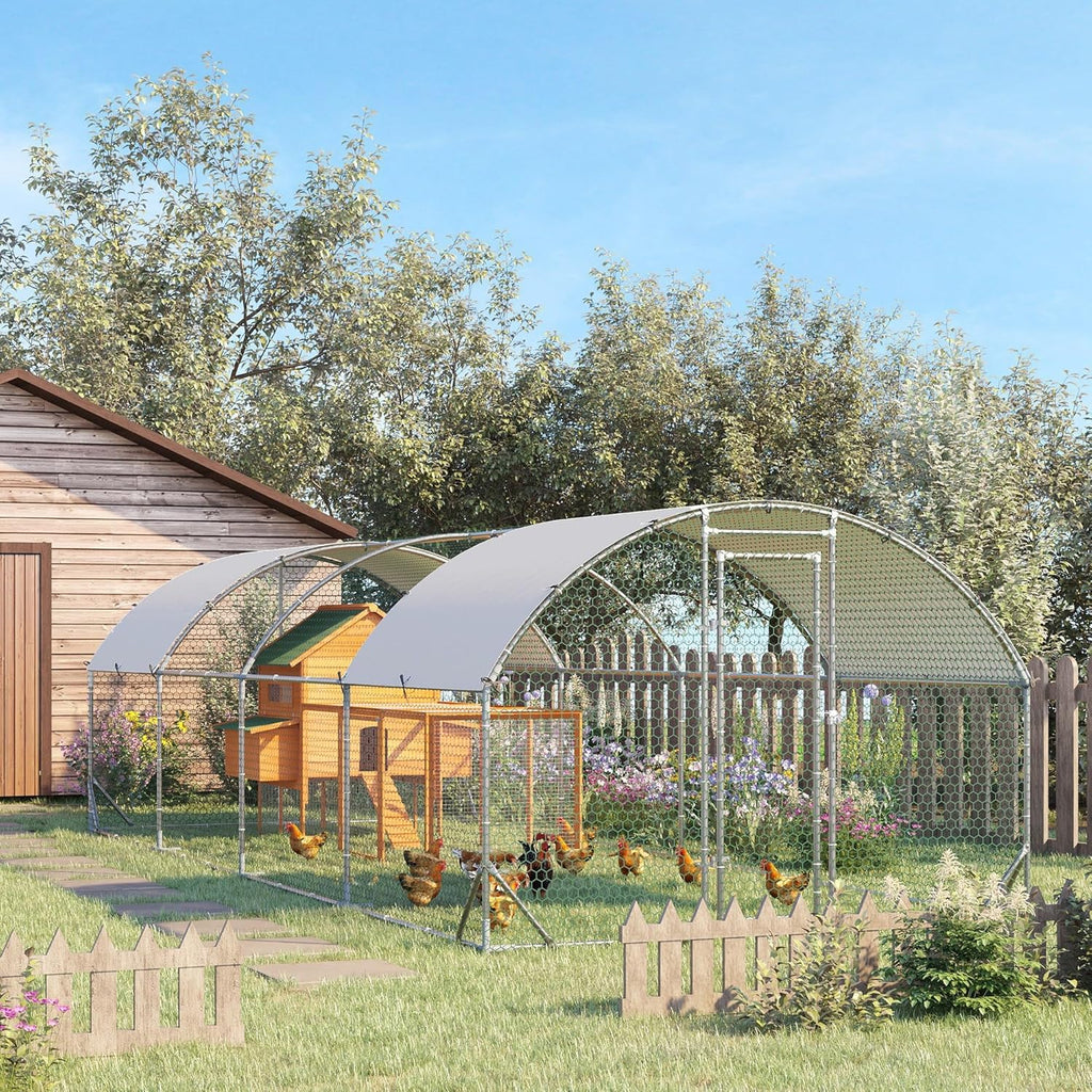 Large Metal Chicken Coop with Waterproof and Anti-UV Cover, Dome Shaped Walk-in Fence Cage, 1" Tube Diameter, 9.2' x 24.9' x 6.5' X202421
