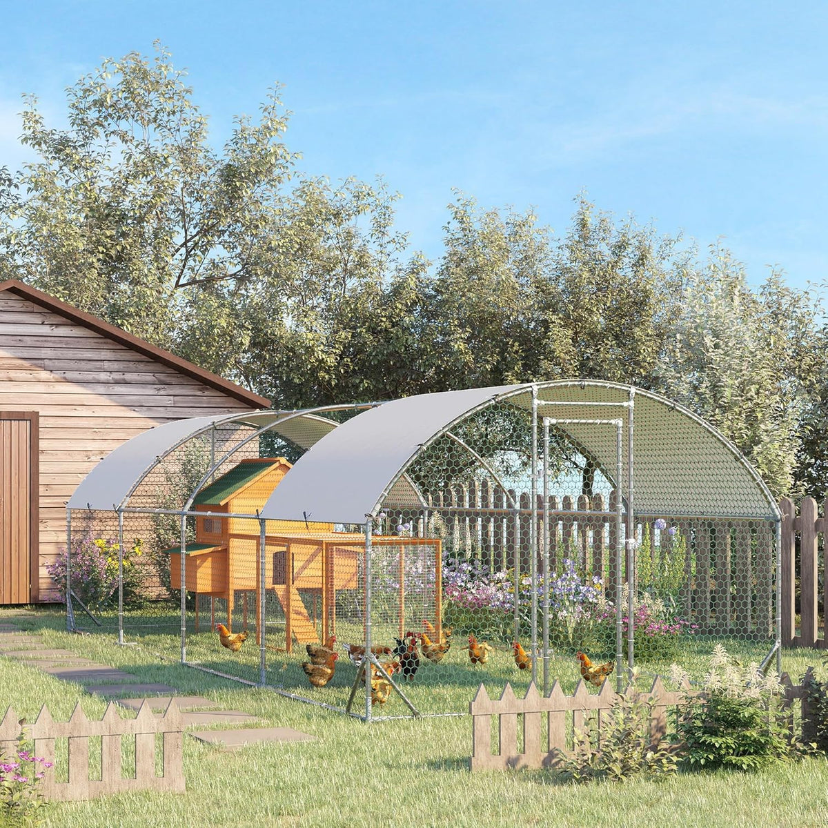 Large Metal Chicken Coop with Waterproof and Anti-UV Cover, Dome Shaped Walk-in Fence Cage, 1" Tube Diameter, 9.2' x 24.9' x 6.5' X202421