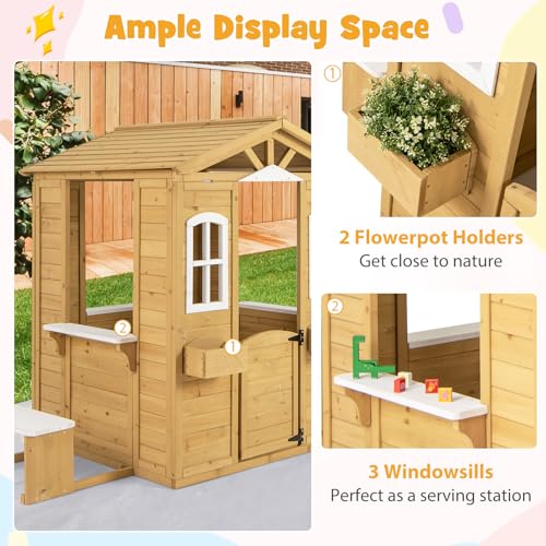 Fir Wood Outdoor Playhouse with Bench, Mailbox, Fence, Windows & Door S206576