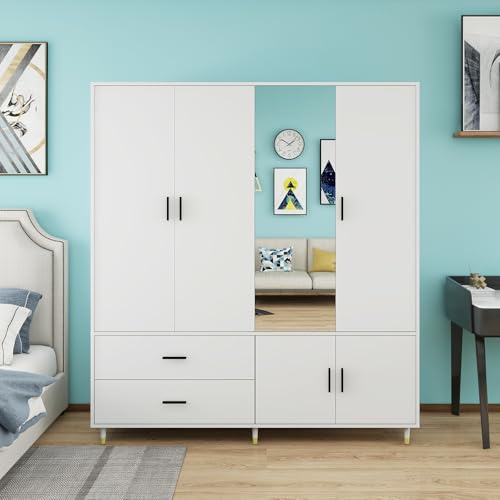 White 4 Door 2 Drawer Wood Armoire Wardrobe with Mirror F906