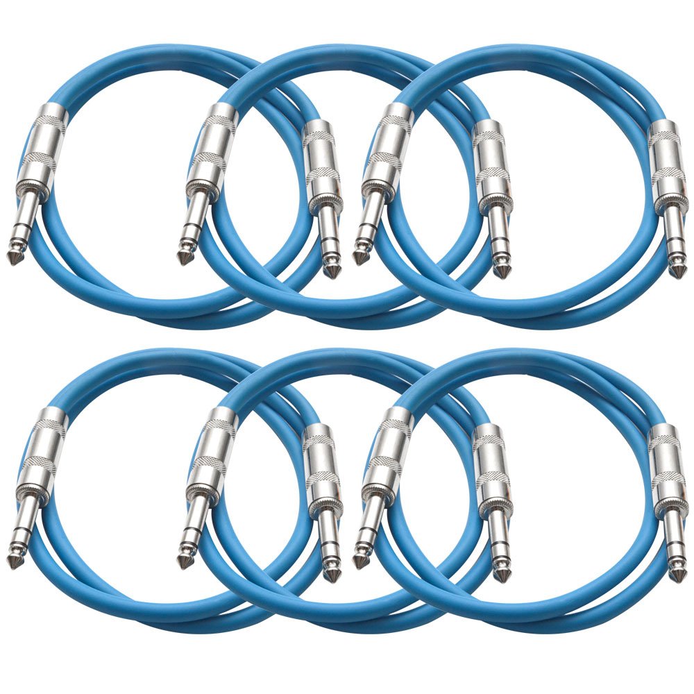 6 Pack 25 Foot Blue 1/4 TRS Patch Cable L20457