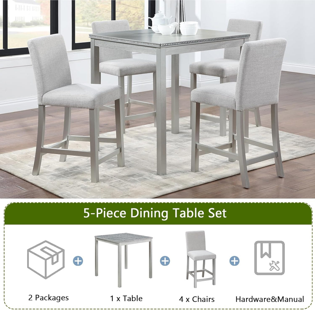 5-Piece Acacia Wood Counter Height Dining Table Set with 4 Upholstered-Seat Chairs L989130