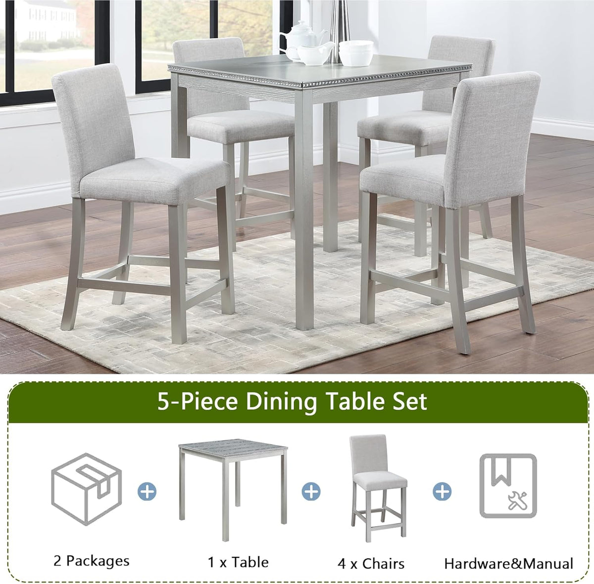 5-Piece Acacia Wood Counter Height Dining Table Set with 4 Upholstered-Seat Chairs L989130