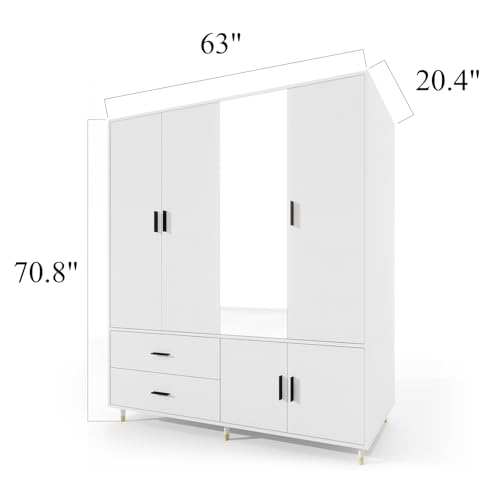 White 4 Door 2 Drawer Wood Armoire Wardrobe with Mirror F906