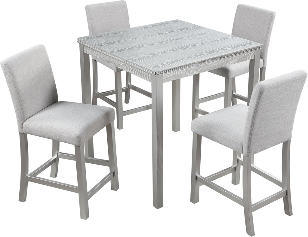 5-Piece Acacia Wood Counter Height Dining Table Set with 4 Upholstered-Seat Chairs L989130