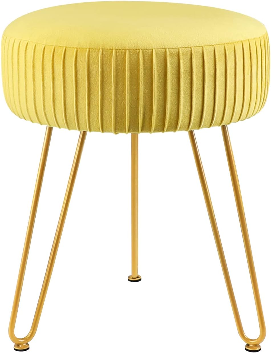 Yellow Velvet Round Vanity Chair with Golden Metal Legs O953