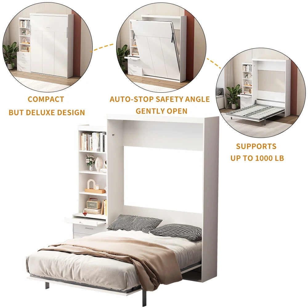 White Full Size Vertical Murphy Bed with Shelf and Drawers H53220