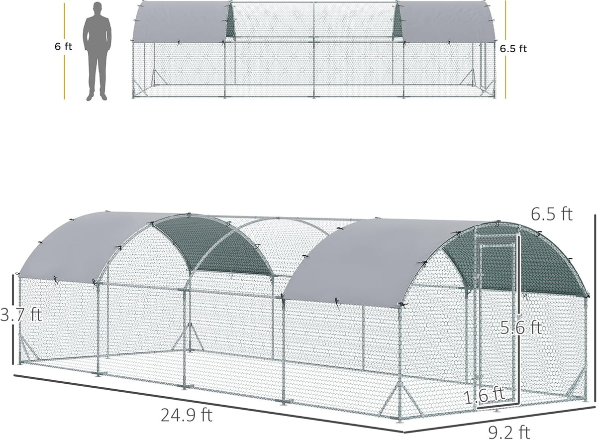 Large Metal Chicken Coop with Waterproof and Anti-UV Cover, Dome Shaped Walk-in Fence Cage, 1" Tube Diameter, 9.2' x 24.9' x 6.5' X202421