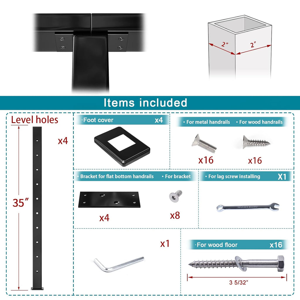 4Pack 36''x2''x2'' Black Square Weldless Stainless Steel Pre-Drilled Cable Railing Post P187401