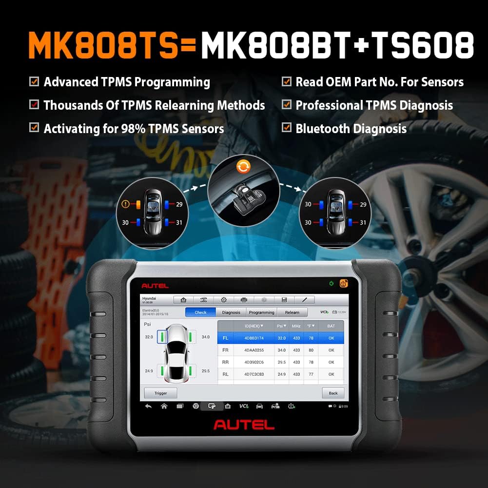 2022 Autel Scanner MaxiCOM MK808TS, Combination of Autel MK808BT and TS608, OE-Level TPMS Scan Tool with 28+ Service Functions, All Systems Diagnoses, Activate/Program/Relearn TPMS Sensors U966