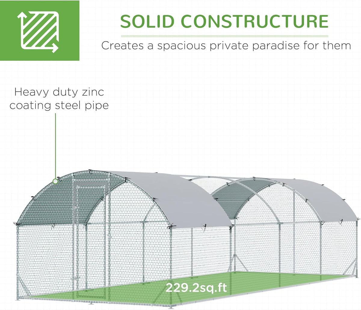 Large Metal Chicken Coop with Waterproof and Anti-UV Cover, Dome Shaped Walk-in Fence Cage, 1" Tube Diameter, 9.2' x 24.9' x 6.5' X202421