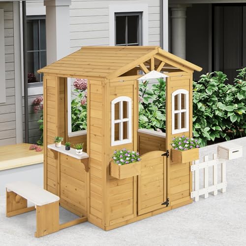 Fir Wood Outdoor Playhouse with Bench, Mailbox, Fence, Windows & Door S206576