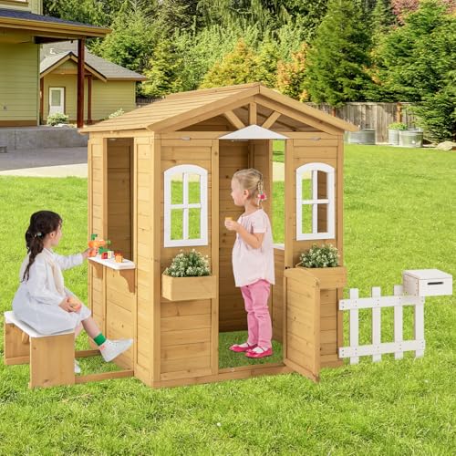 Fir Wood Outdoor Playhouse with Bench, Mailbox, Fence, Windows & Door S206576