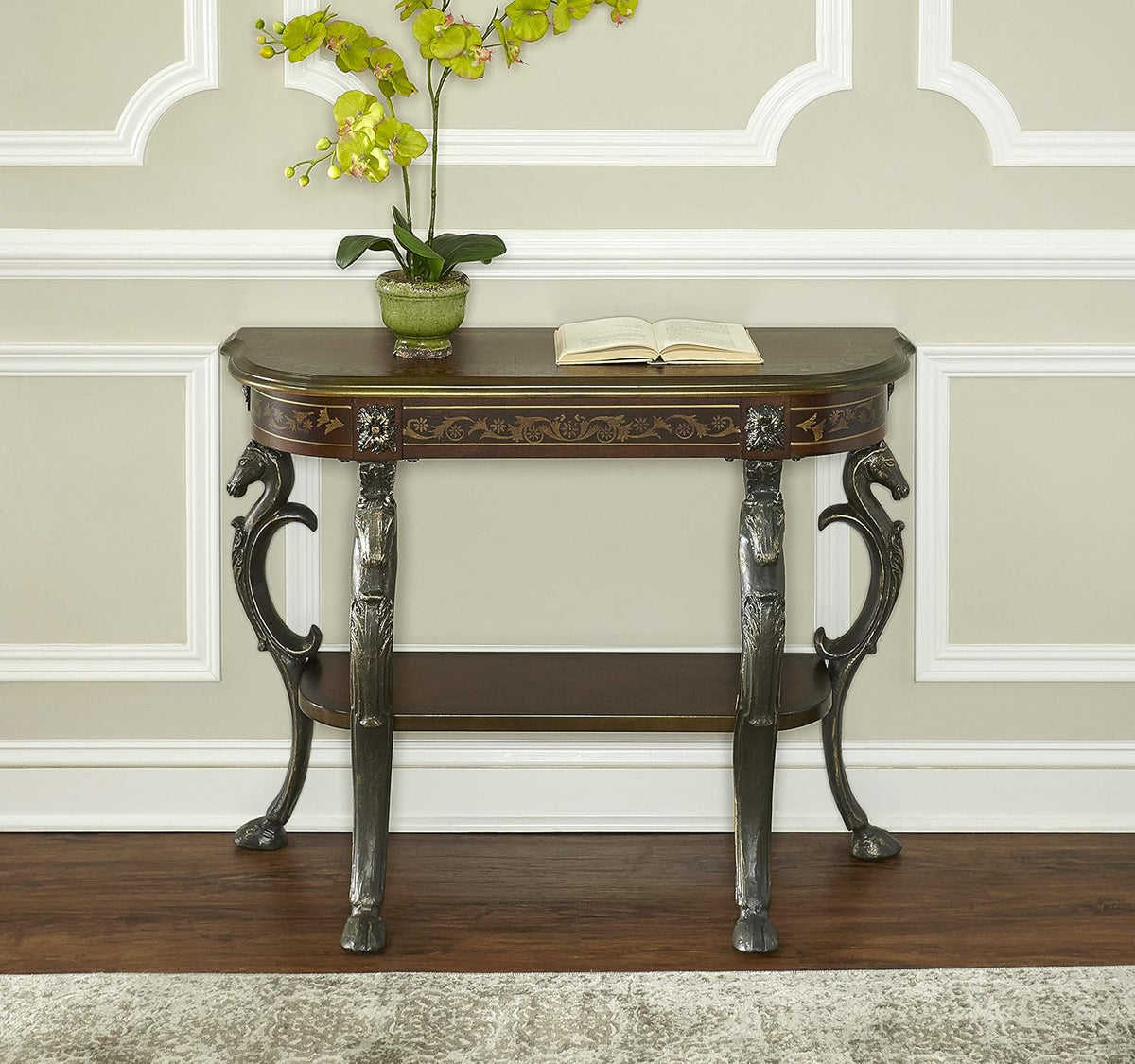 Floral Demilune Console Table with Display Shelf B389