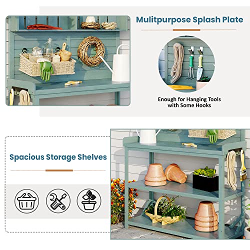 Green 65" Wooden Potting Bench with 4 Storage Shelves T106771