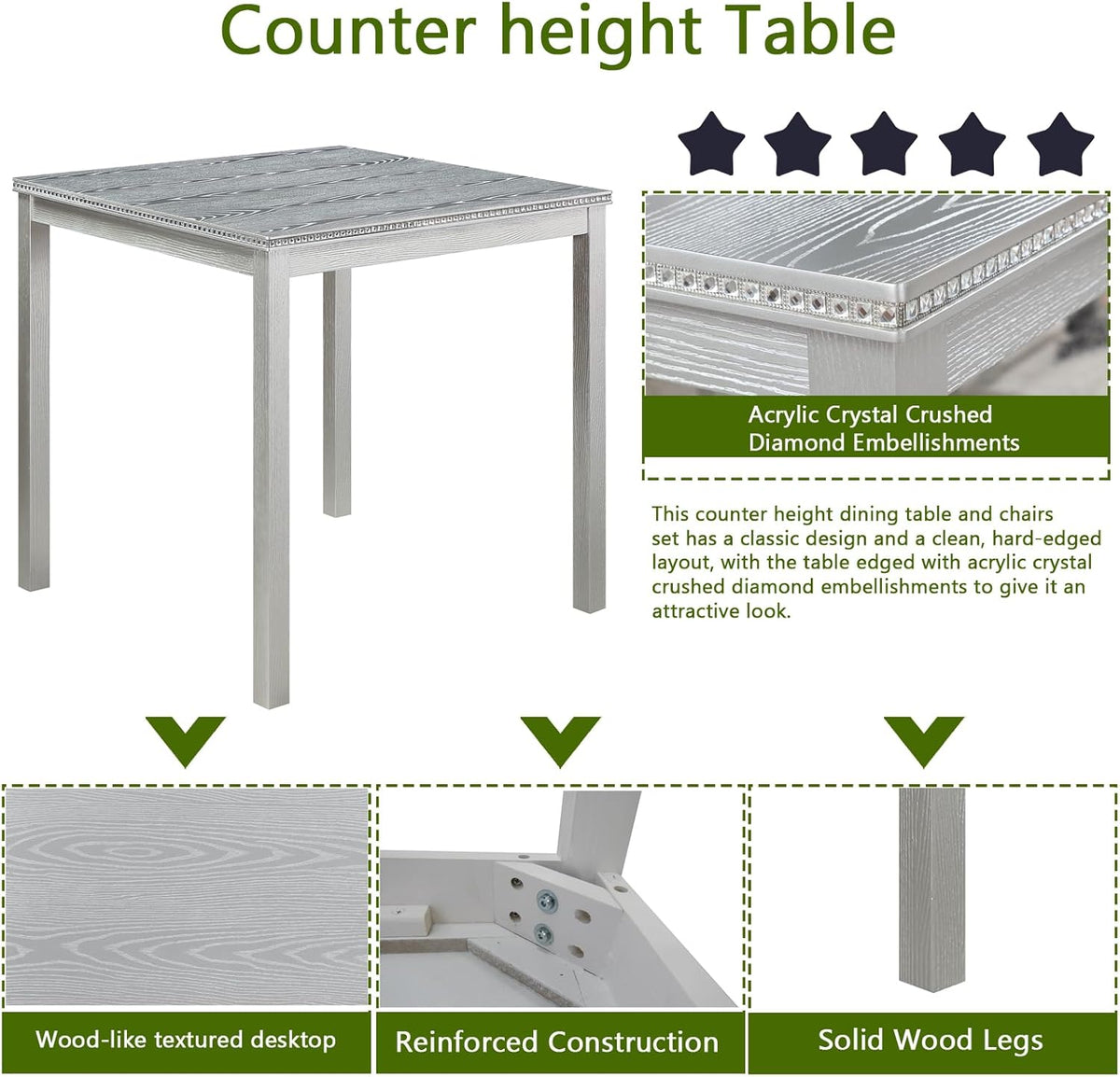 5-Piece Acacia Wood Counter Height Dining Table Set with 4 Upholstered-Seat Chairs L989130