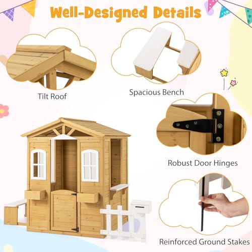 Fir Wood Outdoor Playhouse with Bench, Mailbox, Fence, Windows & Door S206576