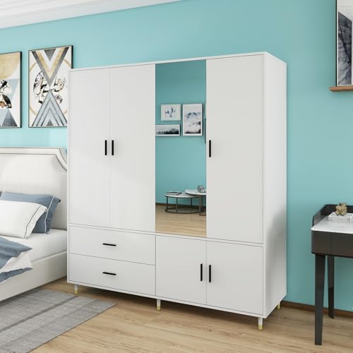White 4 Door 2 Drawer Wood Armoire Wardrobe with Mirror F906