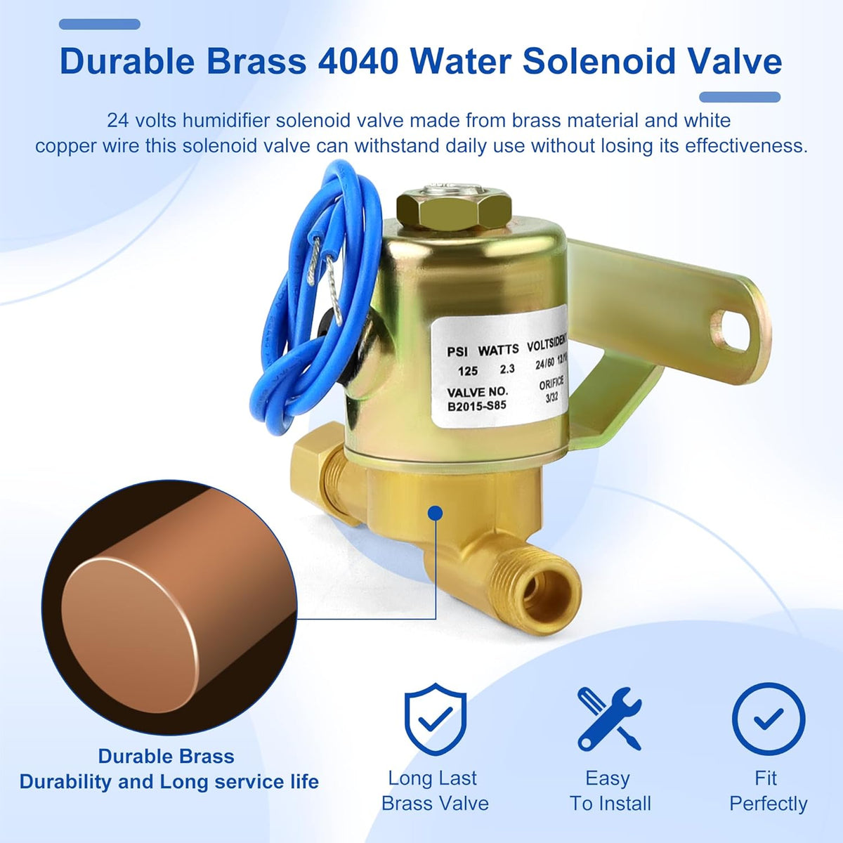 24V Brass Humidifier Solenoid Valve, 3/32" Orifice, 2.3 Watt 60 Hz C4373