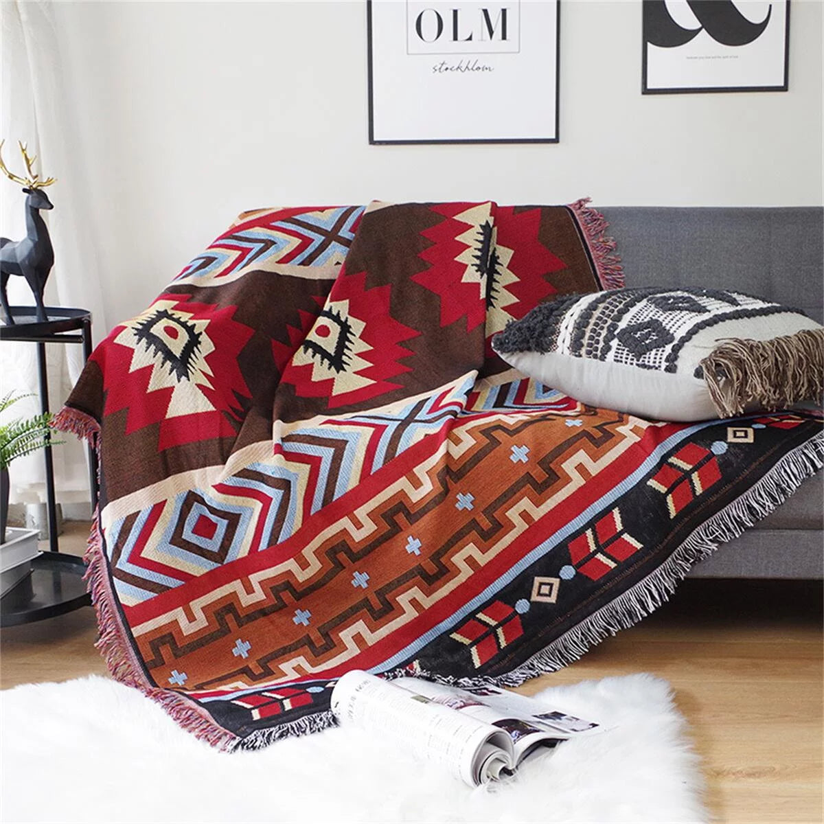 Cotton Linen Jacquard Reversible Woven Throw Blanket with Tassel 70x90 Inch E14256