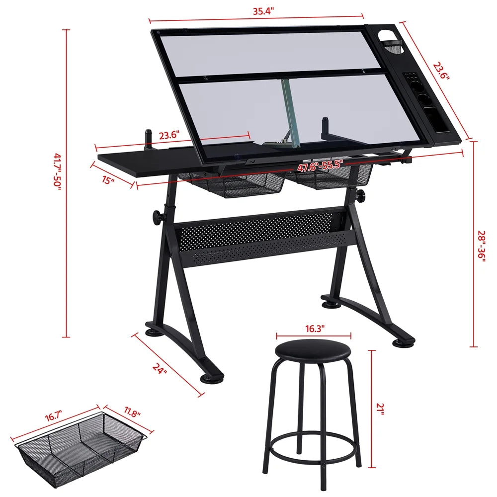 Black Adjustable Glass Top Drafting Table with Stool Q943589