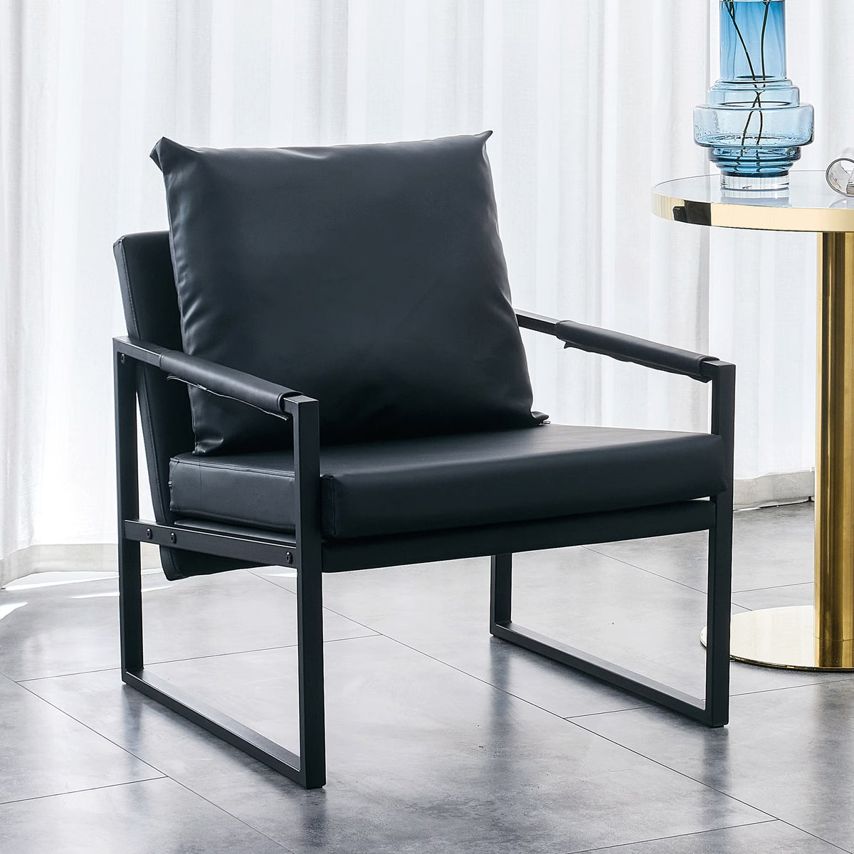 Black PU Leather Accent Armchair with Metal Frame H61438
