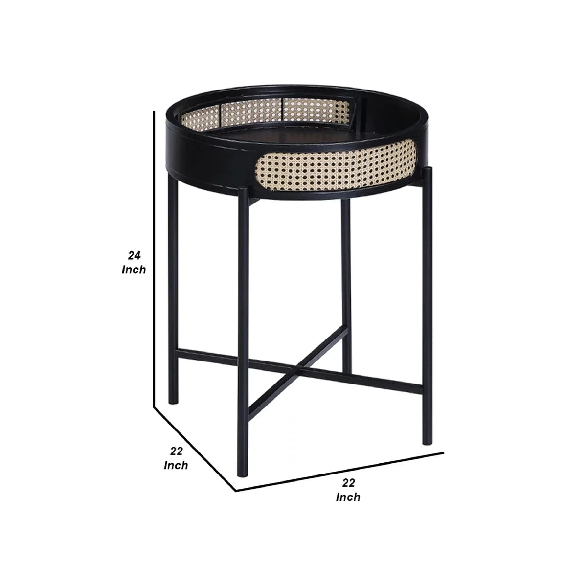 24 Inch Round End Table Rattan Accent Metal Legs Black A834