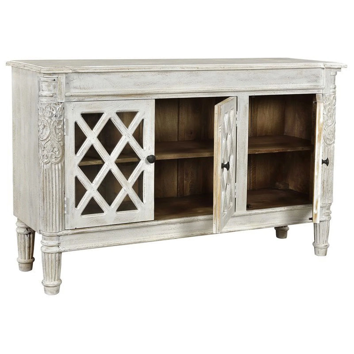 Solid Wood 3 Door Sideboard with Glass Inserts in White E164948