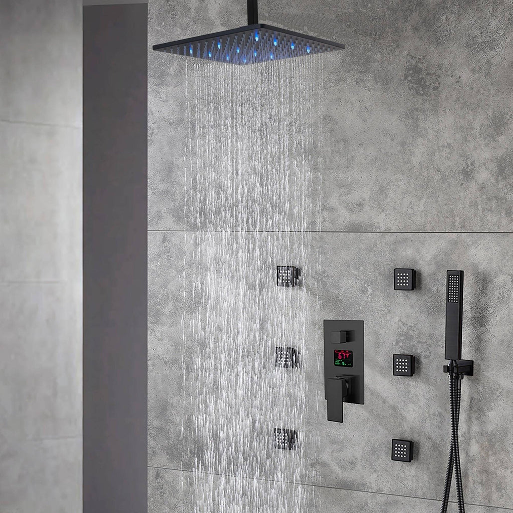 Matte Black Ceiling Mount 16 Inch LED Rainfall Shower System with Body Jets H1158