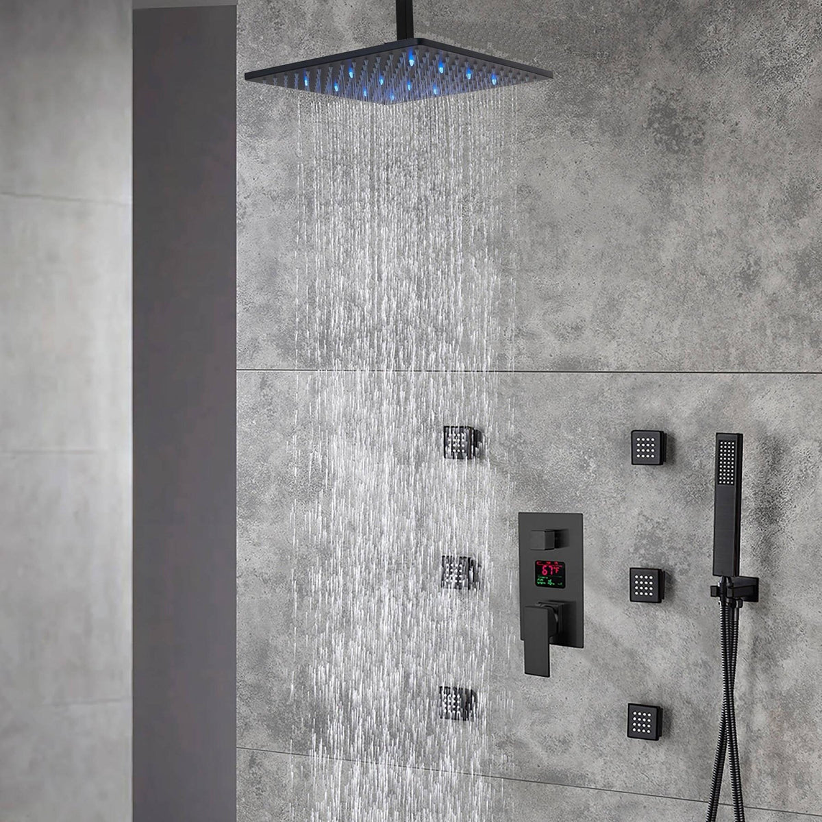 Matte Black Ceiling Mount 16 Inch LED Rainfall Shower System with Body Jets H1158