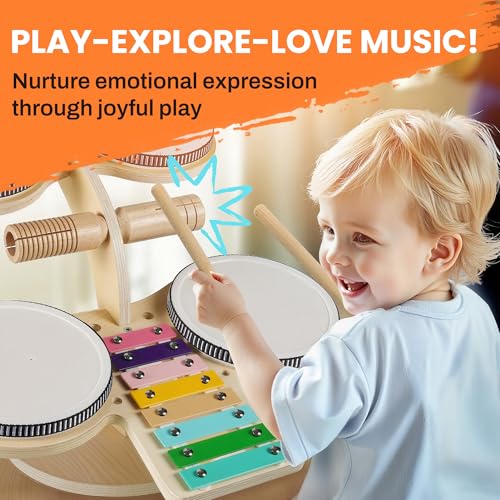 Wooden 8 in 1 Percussion Drum Kit with Xylophone Cymbal W32356