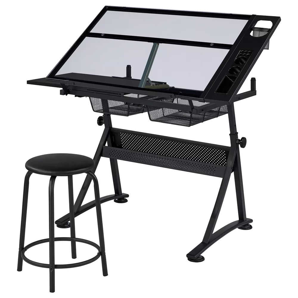 Black Adjustable Glass Top Drafting Table with Stool Q943589
