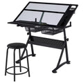 Black Adjustable Glass Top Drafting Table with Stool Q943589